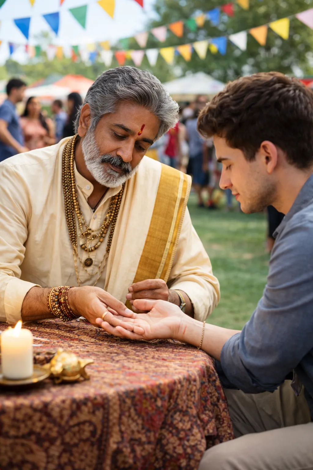Palm reading at a festive gathering.